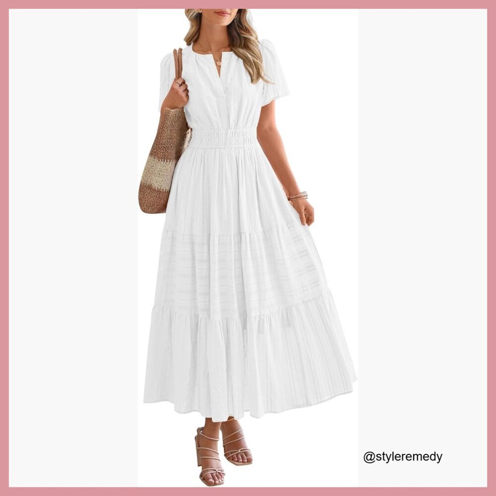 Lightweight Cotton Maxi Dress with Pockets, Elastic Waist, V-Neck